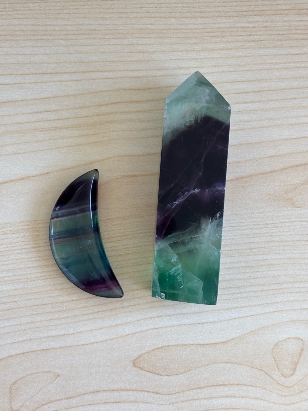 Fluorite Crystal Tower and Crescent Moon Set , Green and Purple